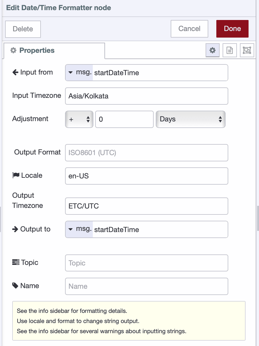Date/Time Formatter node configuration showing timezone conversion settings